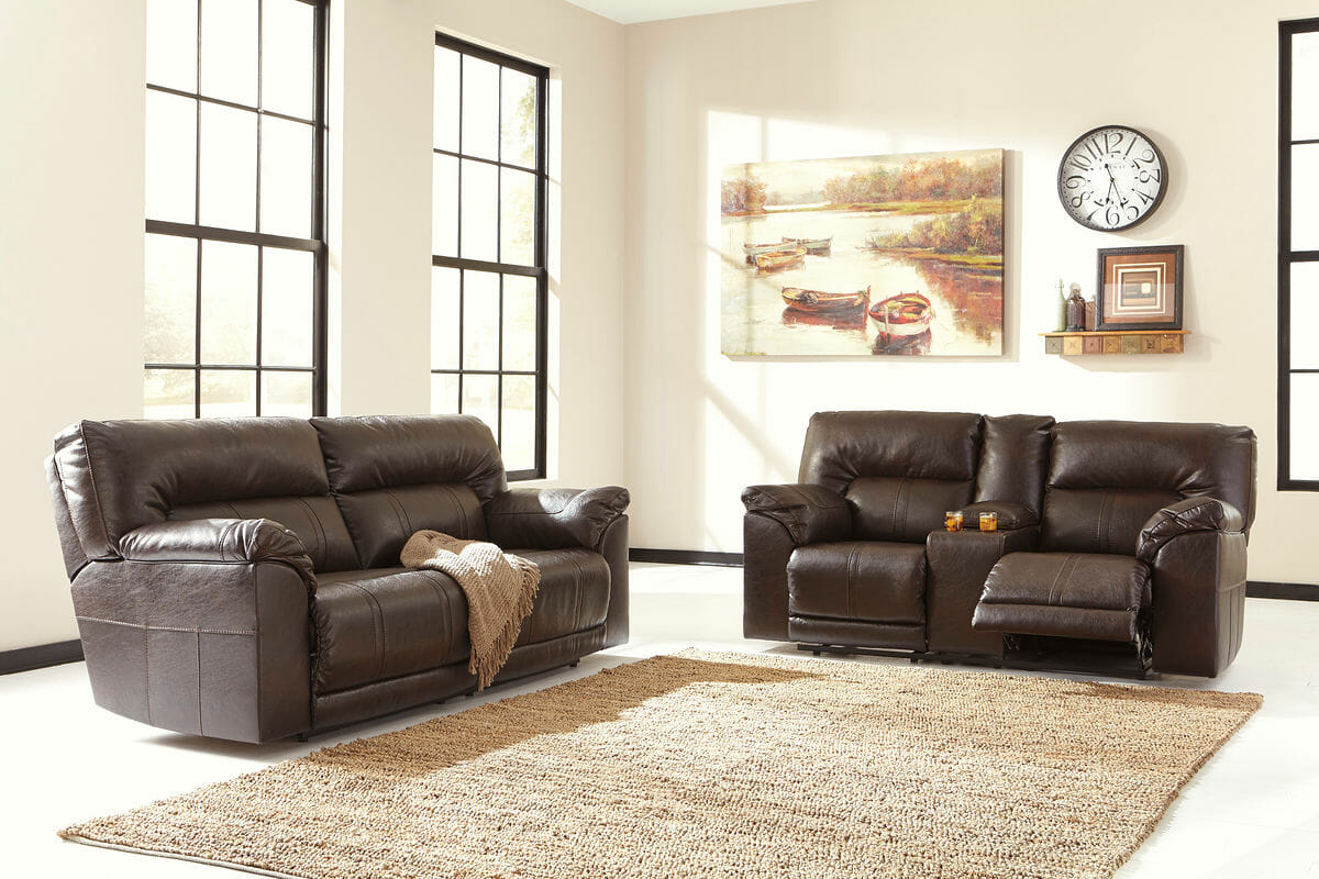 Barrettsville Durablend Chocolate 2 Seat Reclining Sofa Dbl Rec Loveseat With Console